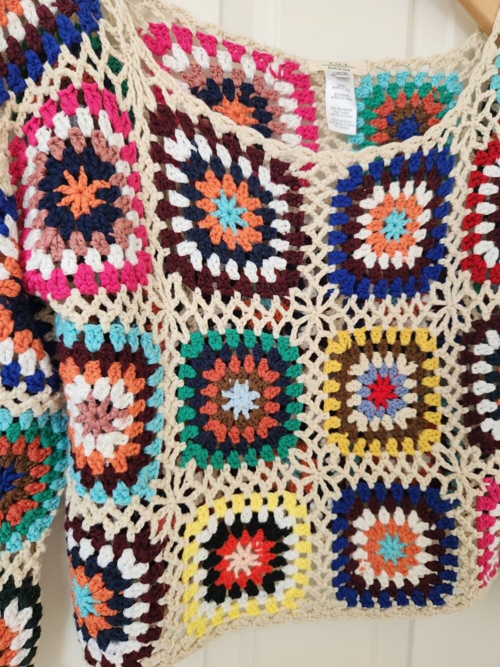 Colorful Crochet Granny Square Sweater Summer Beach Festival Boho Hippie Cropped - Picture 3 of 8